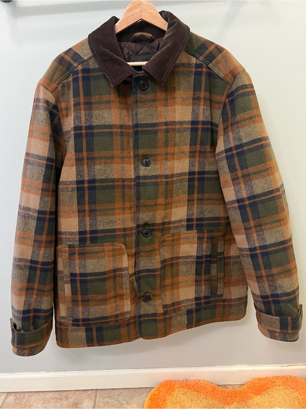 Plaid Button-Up Peacoat in Olive & Tan
